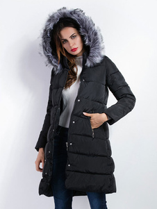 Charmant manteau en polyester noir unicolore avec zip convenable à capuche