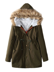 Beau manteau femme en coton mélangé unicolore avec cordon convenable à capuche