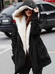 Adorable manteau en coton mélangé bicolore avec poches surdimensionné à capuche