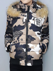 Éblouissant manteau en polyester camouflage en fausse fourrure convenable à capuche