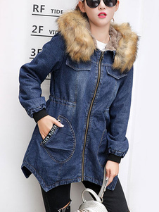 Chic manteau femme en denim bleu unicolore avec poches convenable à capuche