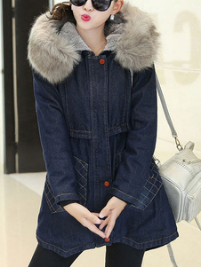 Populaire manteau en denim bleu unicolore avec poches convenable à capuche