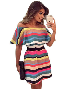 Bloc de couleur pour le Bateau bande courte robe féminine plissée robe patineuse