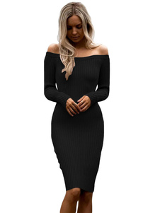 Robe pull charmante longueur genou sexy unicolore hors de l'épaule de club
