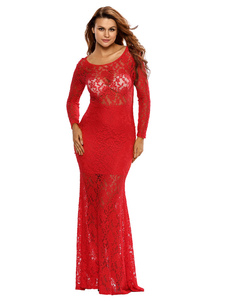 Robe longue en polyester unicolore à dos décolleté avec dentelle col rond manches en dentelle