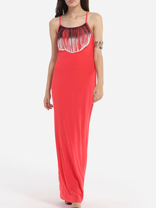 Robe longue orange en fibres de coton unicolore avec frange à bretelles