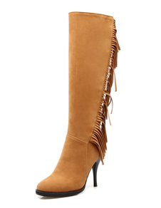 Bottes chic à talons aigus en micro daim unicolore avec frange