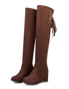 Cuissardes à talons compensés en micro daim unicolore talons couverts avec ruban en peluche courte a