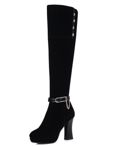 Bottes à talons épais en cuir poncé noir unicolore avec boucle