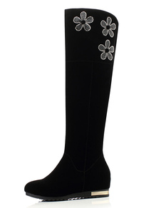 Bottes à talons compensés en micro daim noir unicolore avec strass