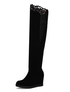 Cuissardes belles à talons compensés en cuir poncé noir unicolore avec dentelle en peluche courte ar