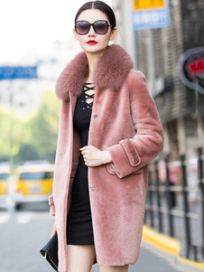 Manteau d’hiver rose fausse fourrure manteau féminin Turndown Collar manches longues