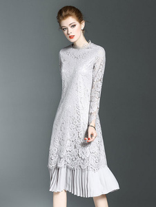 Dentelle robe manches longues col Illusion des femmes plissé Slim Fit robe grise