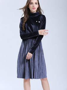 Fascinante robe skater mode en velours unicolore vêtements journaliers plissé col roulé