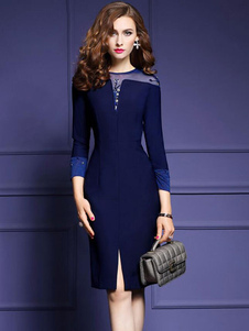 Charmante robe bodycon en acrylique bleu foncé col ras du cou unicolore fendu