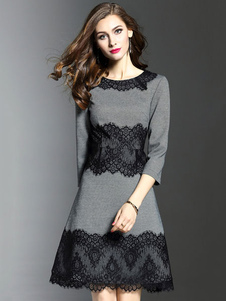 Élégente robe skater mode en dentelle gris avec dentelle vêtements journaliers et dentelle col rond