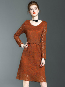 Col rond manches longues Slim Fit Skater Dress marron dentelle robe femme