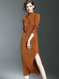 Fabuleuse robe bodycon en crêpe col roulé unicolore fendu vêtements journaliers