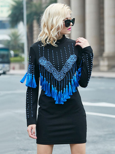 Pompons col haut manches longues robe féminine perlée robe courte bleu