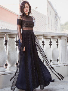 Robe longue bleu marine foncé en tulle unicolore vêtements journaliers plissé col roulé