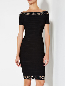 Robe noire Bateau décolleté manches courtes Slim Fit Bodycon Dress