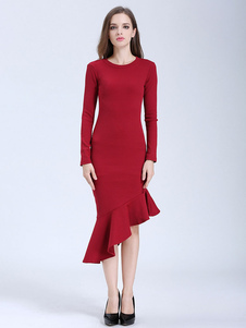 Éblouissante robe bodycon en brocart col rond unicolore à volants moulant