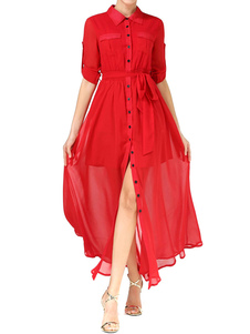Robe longue rouge en chiffon unicolore moulant fendu col à revers manches t-shirt