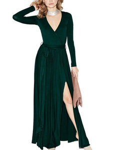 Robe longue en acétate de cellulose unicolore fendu fendu col V