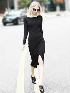 Populaire robe bodycon en brocart noir col rond unicolore fendu moulant