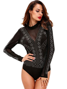 Long justaucorps manches col Backless cloutés Sexy Body féminin noir