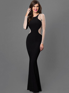 Robe Maxi noire taillée strass Net étage longueur robe de Cocktail pour femmes