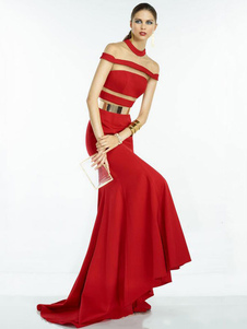 Robe Maxi rouge découpe rayé étage longueur robe avec ceinture