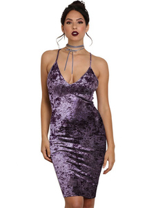Attrayante robe bodycon en velours violet à bretelles unicolore et dos décolleté