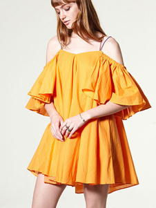 Robe éblouissante droite de plage en polyester unicolore avec croix au dos à volants et bretelles