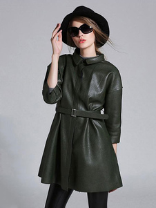 Beau manteau femme en PU vert forêt unicolore col à revers