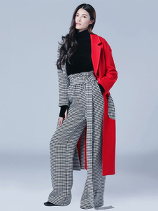 Adorable manteau en spandex rouge bicolore avec poches col à revers