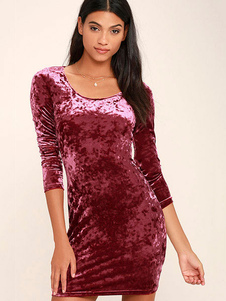 Robe bodycon en velours col rond unicolore