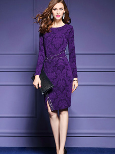 Fascinante robe bodycon en polyester violet col rond unicolore orné de bijoux vêtements journaliers