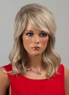 Séduisante perruque de cheveux humains pour femme doré claire frange oblique dégradé casual filet de