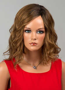 Magnifique perruque de cheveux humains pour femme noir brunâtre raie de côté ébouriffée casual filet