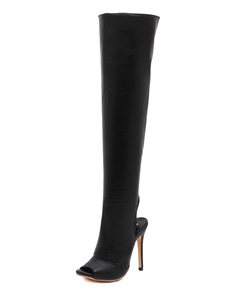 Au-dessus du genou Bottes noir haut talon Peep Toe Backless Stiletto talon hautes bottes