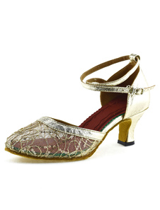 Adorables chaussures de latine en gaze à petits talons ruban aux chevilles unicolore et bout rond