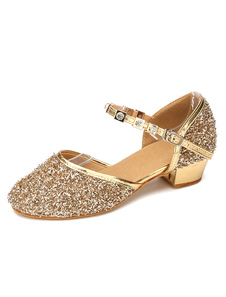 Populaires chaussures de latine en tissu de paillettes à talons chiots unicolore et bout rond