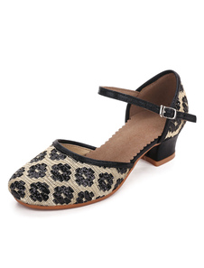 Attrayantes chaussures de latine en tissu de paillettes à talons épais jacquard et bout rond