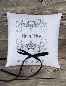 Oreiller bagué de mariage Tissu de satin blanc avec ruban