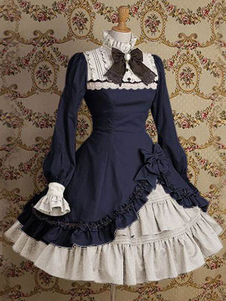 Robe lolita attirante en coton bleu foncée col montant