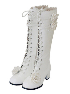 Bottes de lolita sublimes PU blanches à talons épais