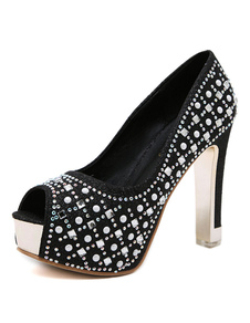 Chaussures à bout ouvert à talons épais en tissu de paillettes unicolore mocassin avec strass