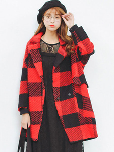 Éblouissant manteau en polyester rouge écossais avec poches col à revers