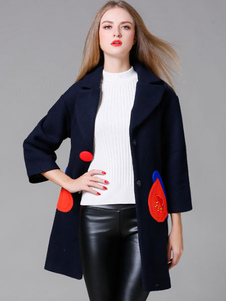 Charmant manteau en laine bleu unicolore avec bouton col à revers